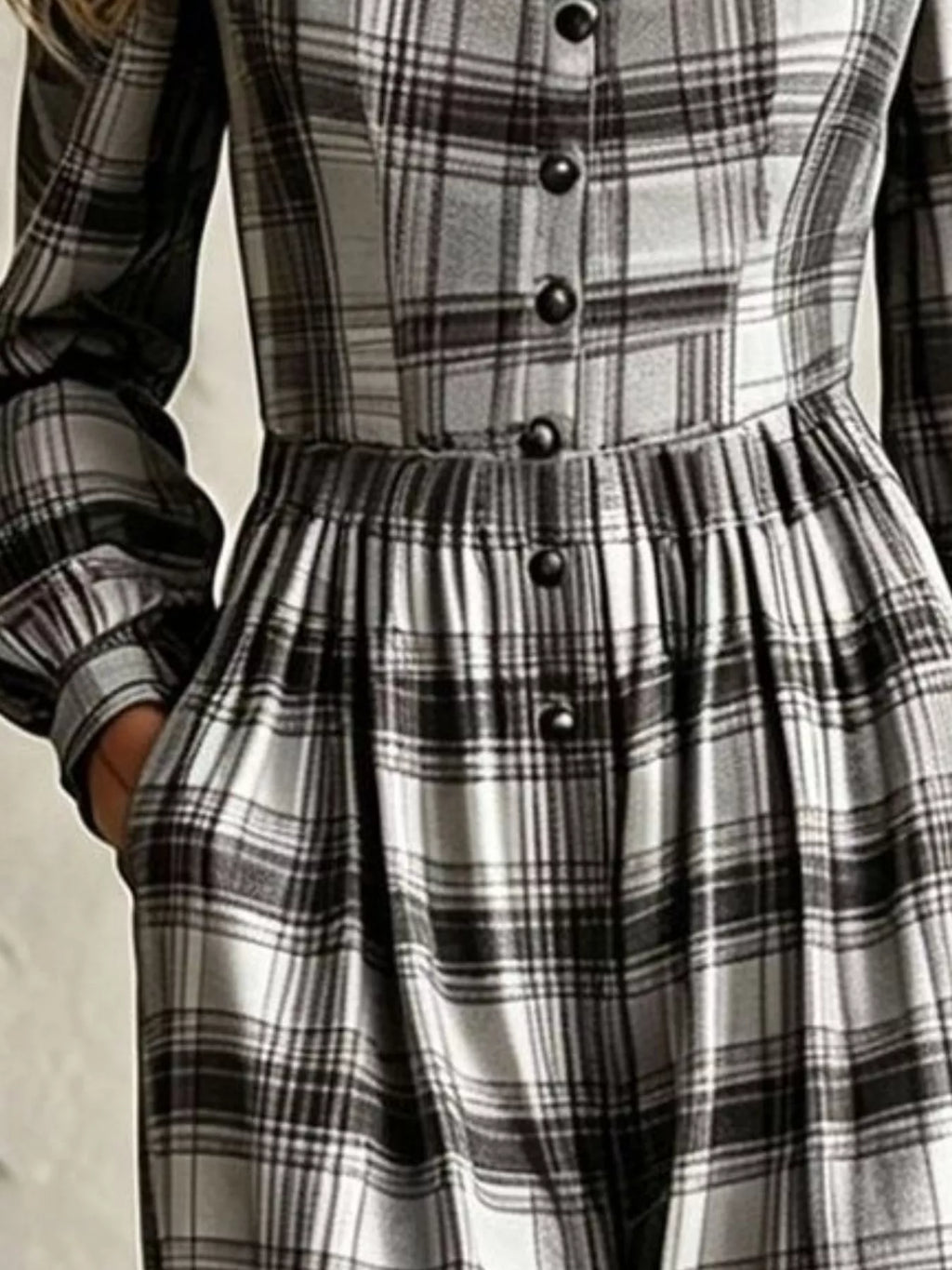 Plaid Square Neck Long Sleeve Wide Leg Jumpsuit