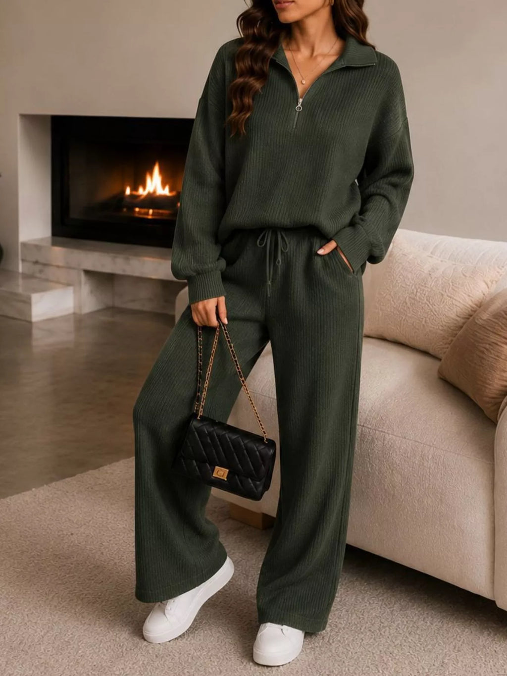 Cozy Ribbed Knit Quarter-Zip Top and Wide-Leg Set