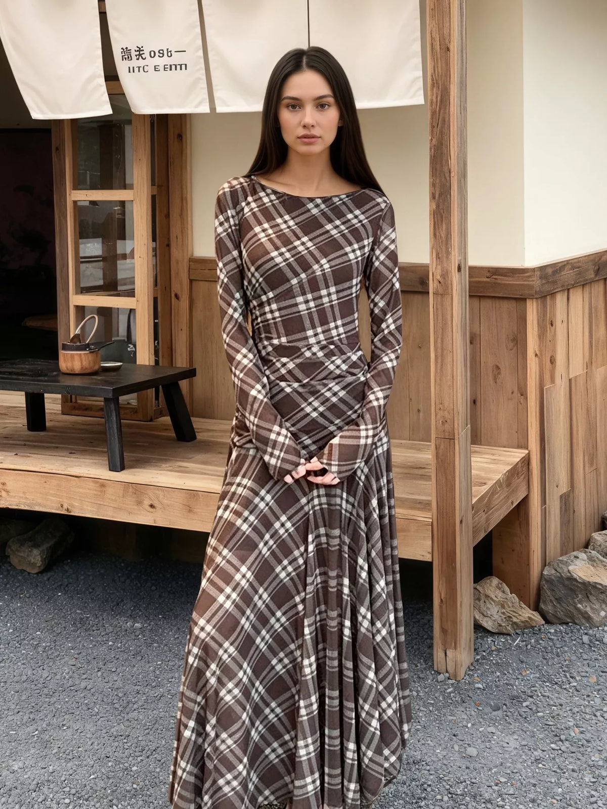 Plaid Long-Sleeve Slim-Fit Maxi Dress