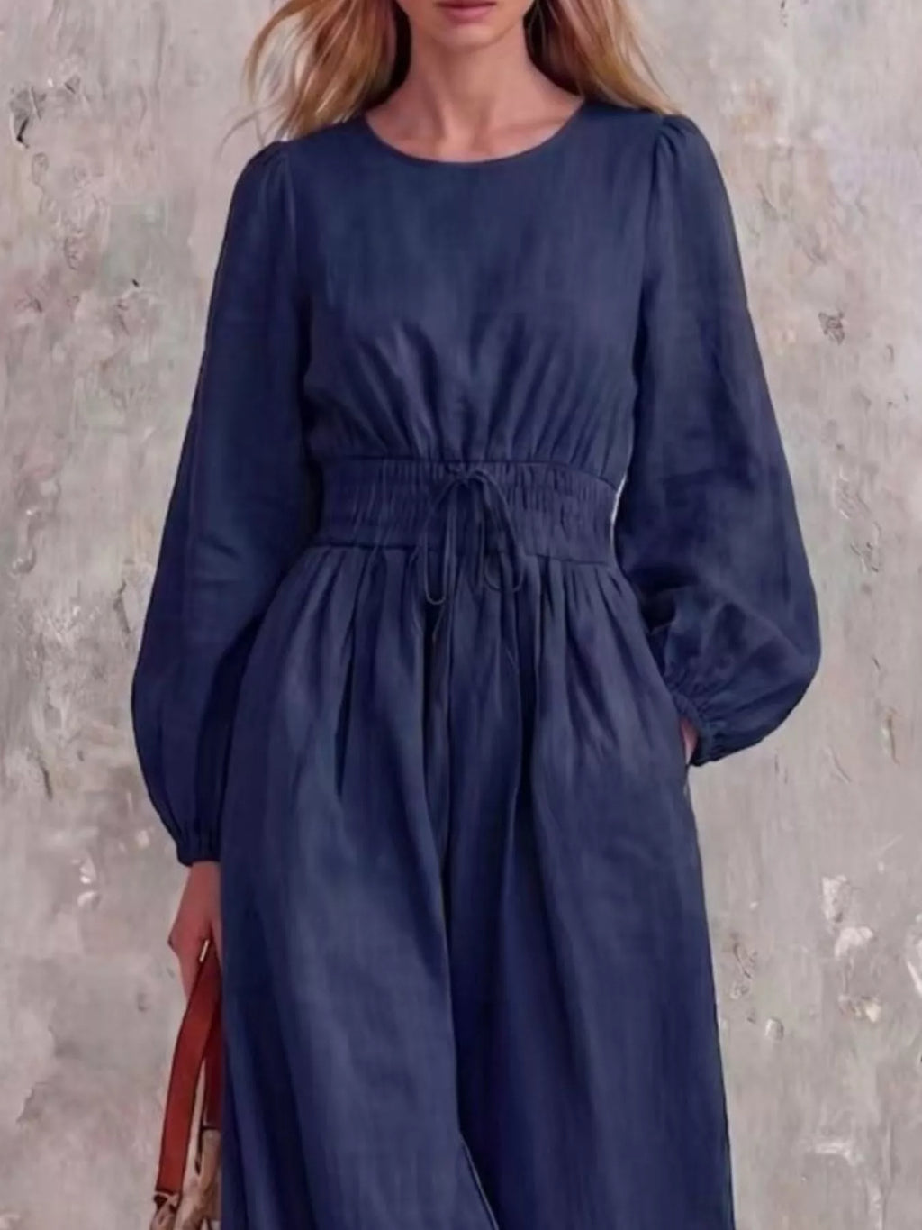Smocked Waist Long-Sleeve Jumpsuit