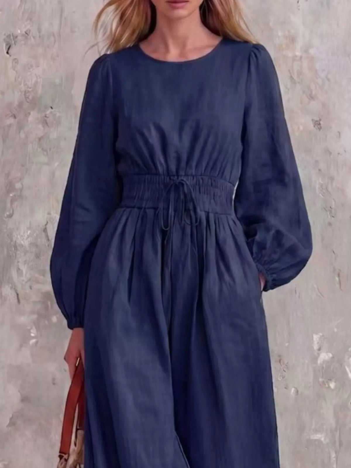Smocked Waist Long-Sleeve Jumpsuit