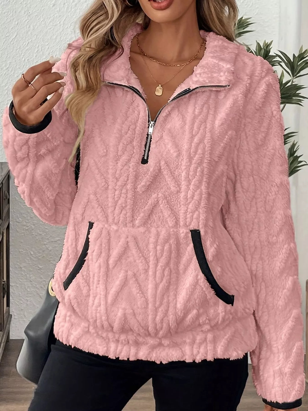 Full Size Quarter-Zip Sherpa Sweatshirt Plus Size