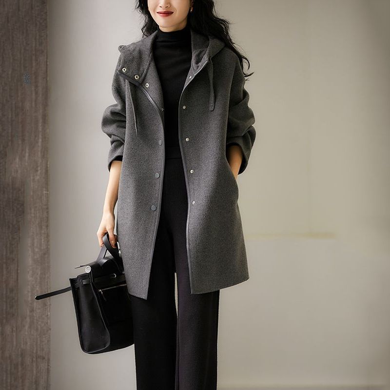Versatile Hooded Patchwork Long-sleeve Wool Coat