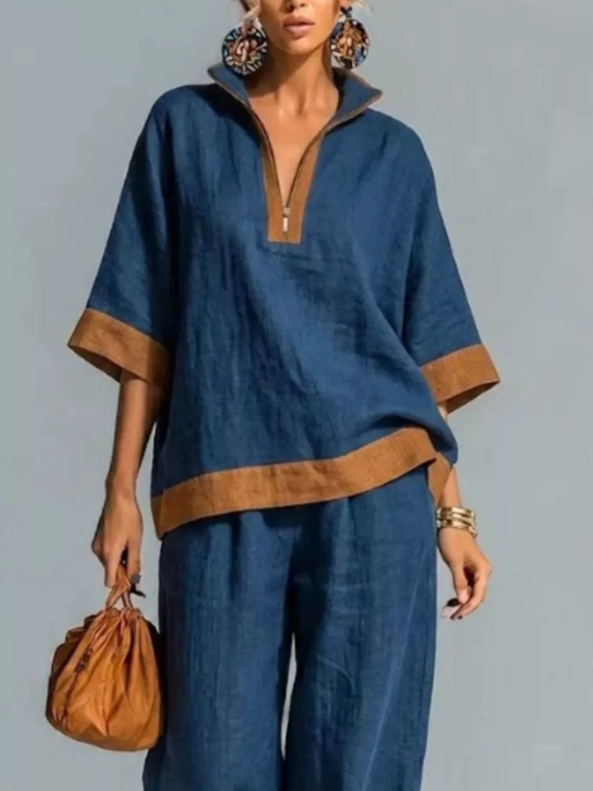 Full Size Contrast Trim Top and Wide Leg Pants Set Plus Size