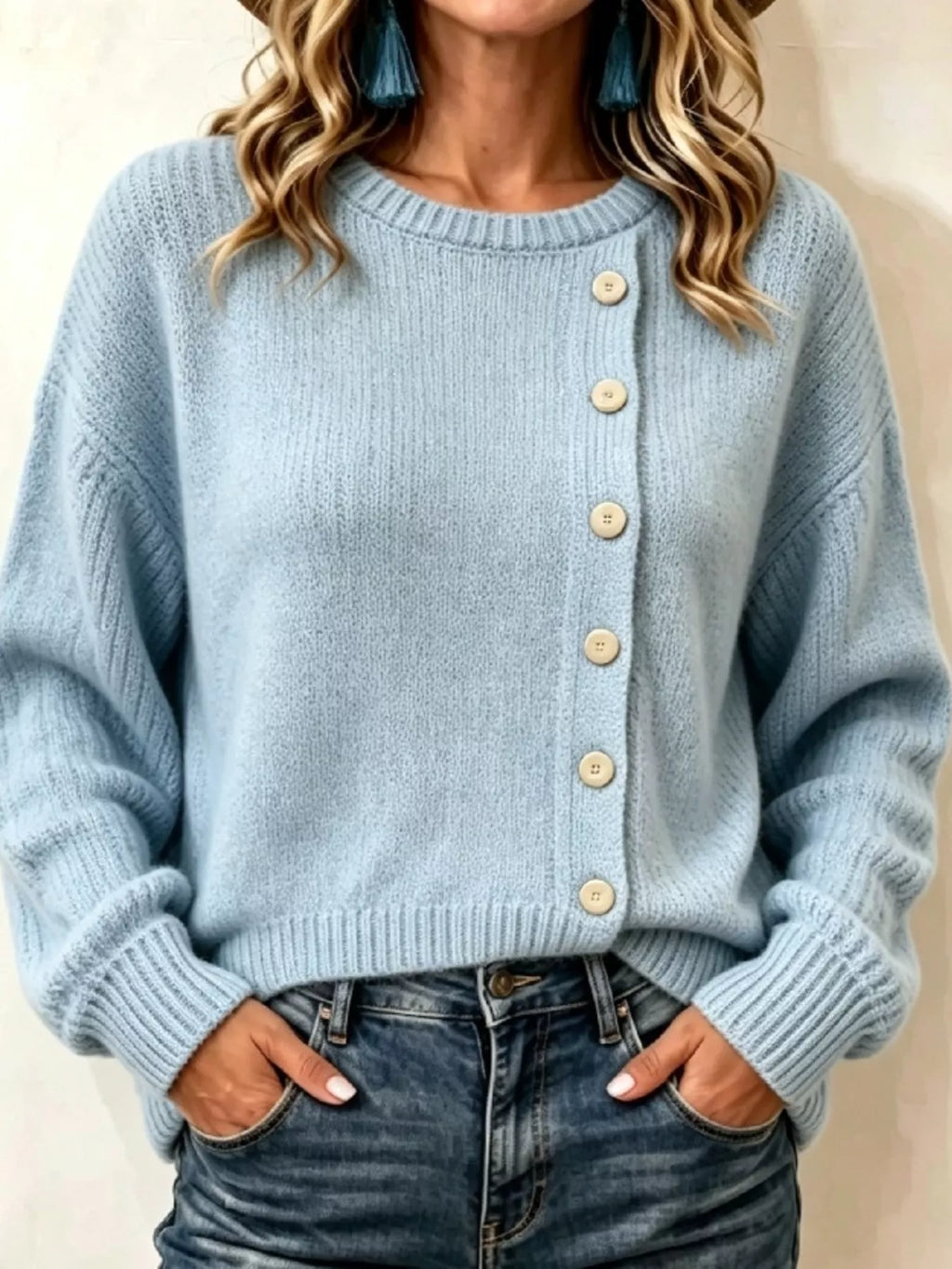 Decorative Button Round Neck Sweater