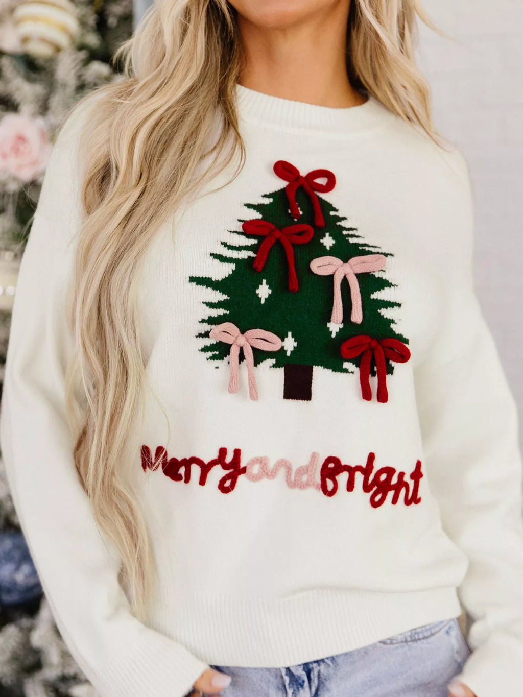 Christmas Tree Bow Drop Shoulder Knit Sweater