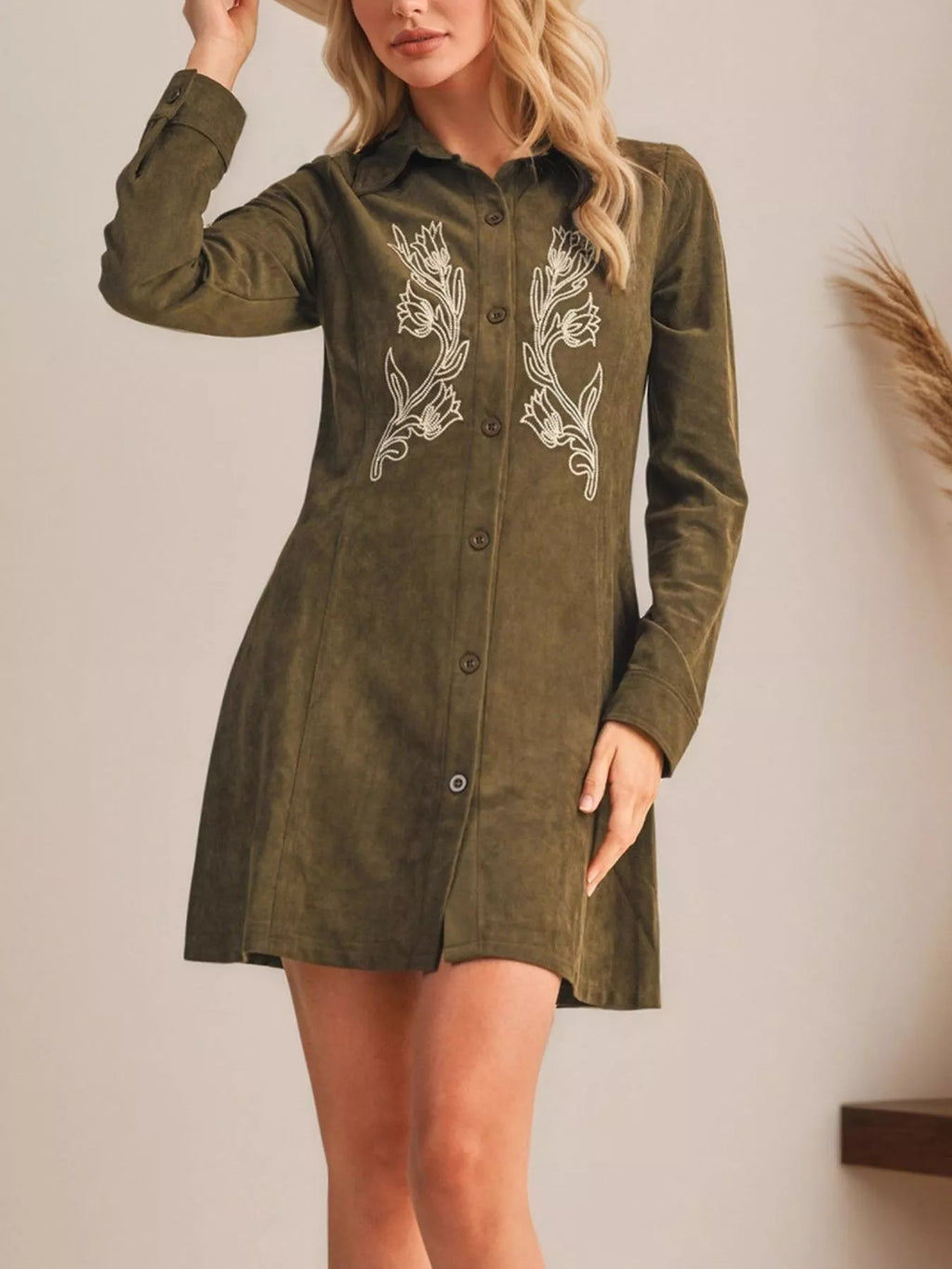 Floral Embroidered Button-Down Shirt Dress