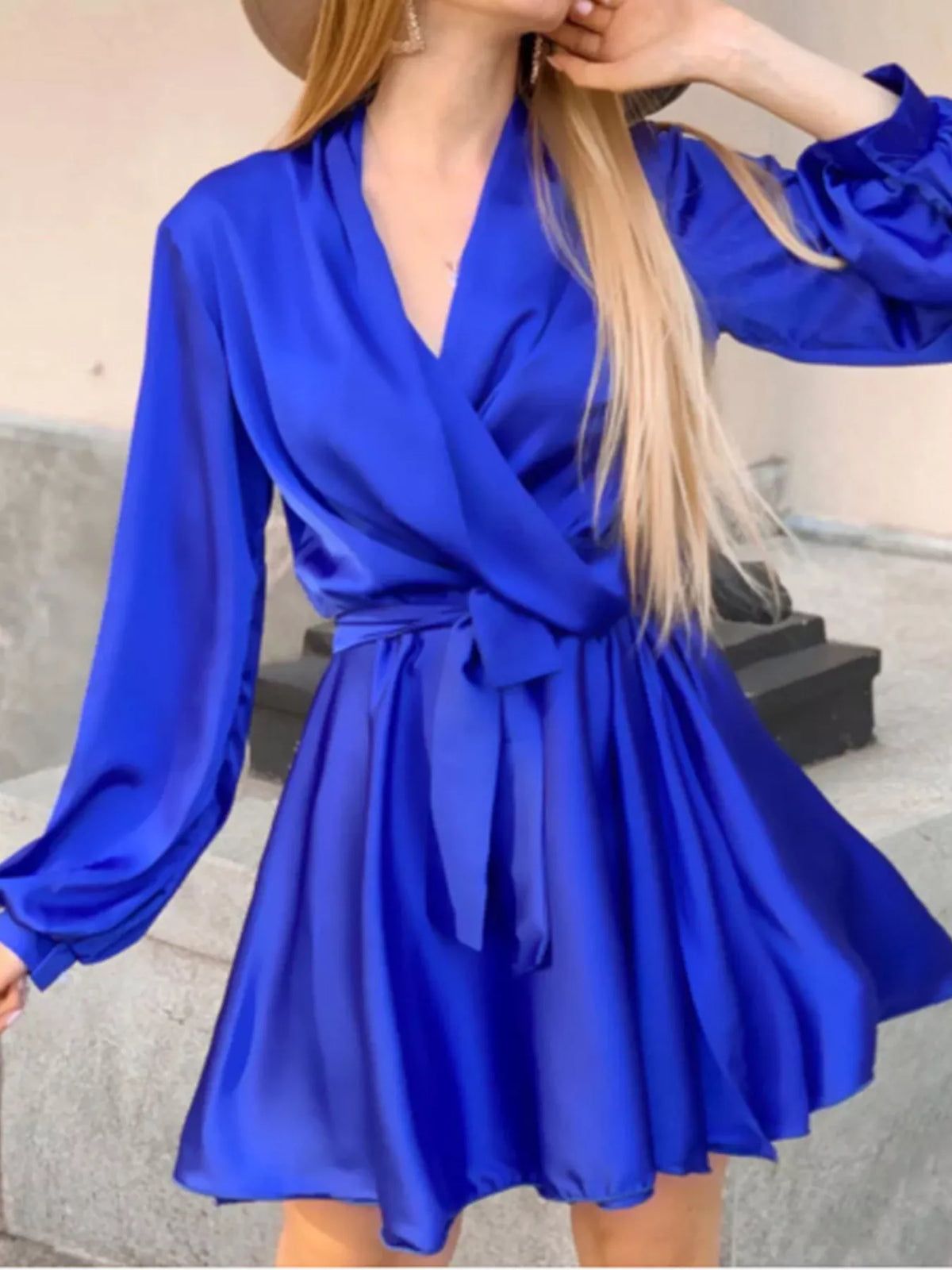 Satin Surplice Long Sleeve Mini Dress