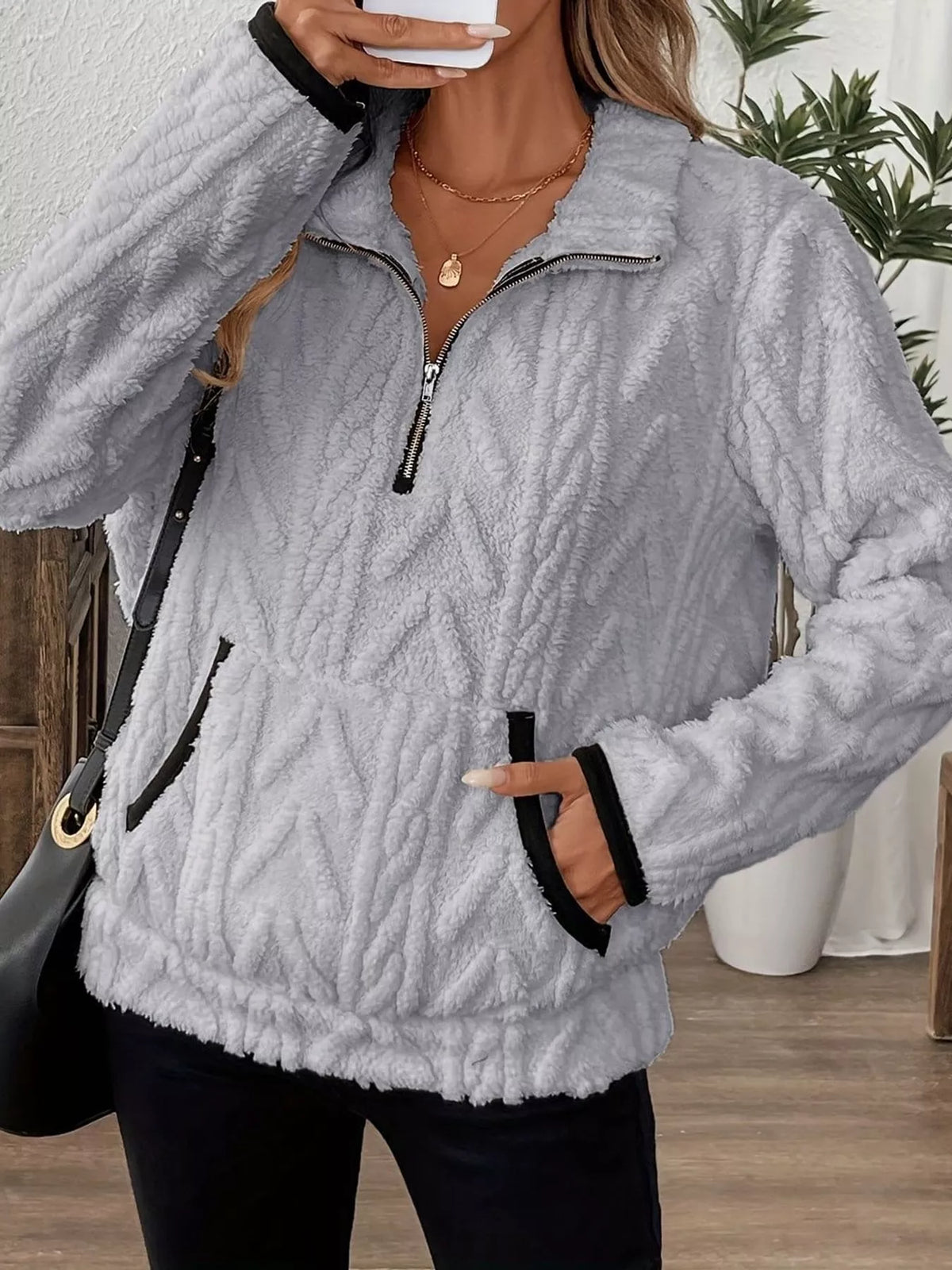 Full Size Quarter-Zip Sherpa Sweatshirt Plus Size