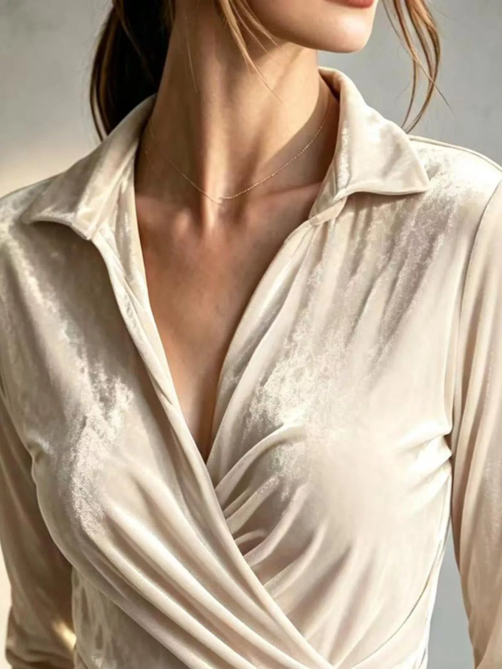 Full Size Velvet Wrap Blouse with Ruched Detail Plus Size