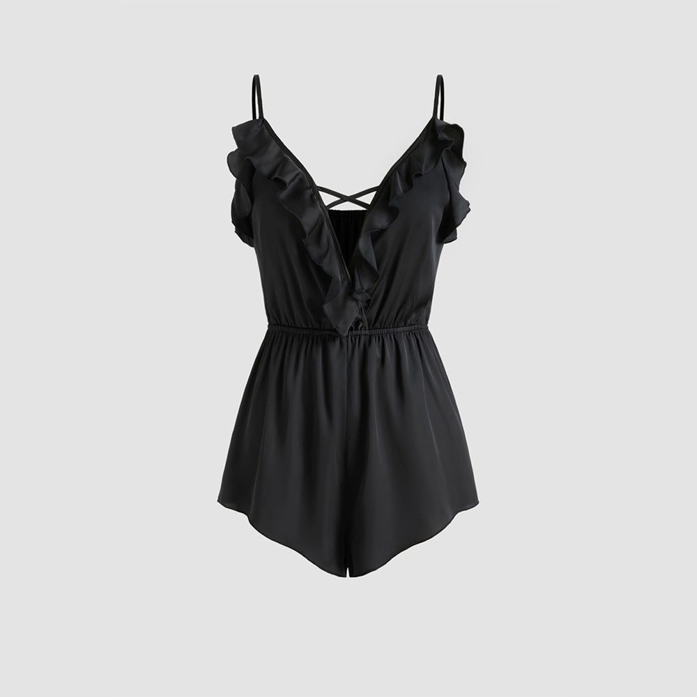 European And American Sexy Style Camisole Homewear Jumpsuit Summer Deep V-neck With Ruffles, Comfortable Top For Women