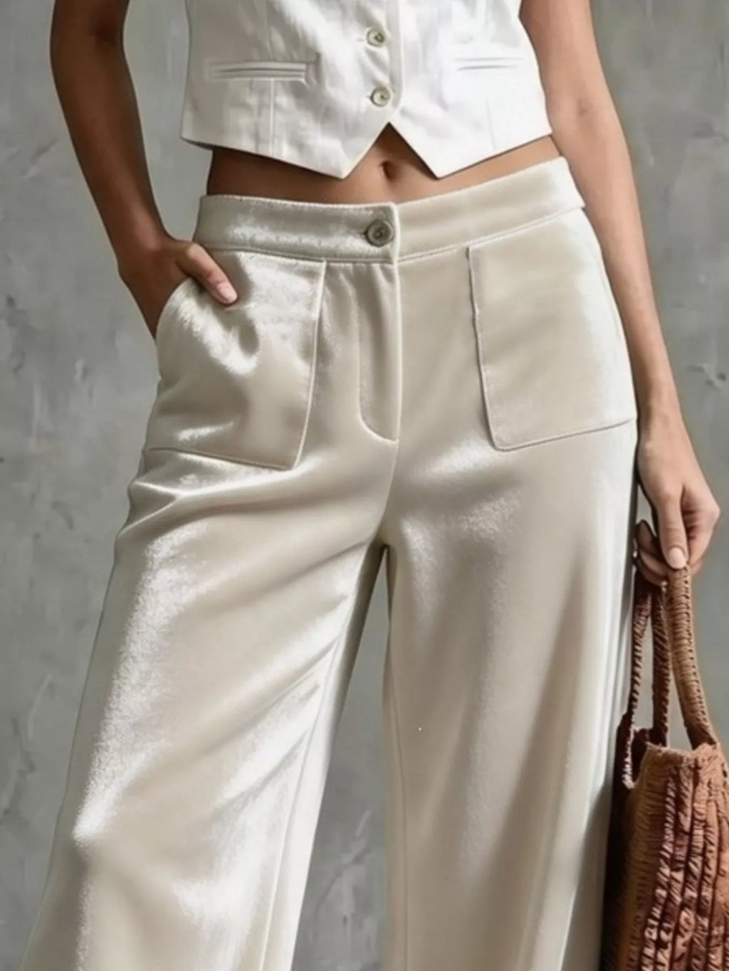 Full Size High-Waisted Wide-Leg Velvet Pants with Front Pockets Plus Size