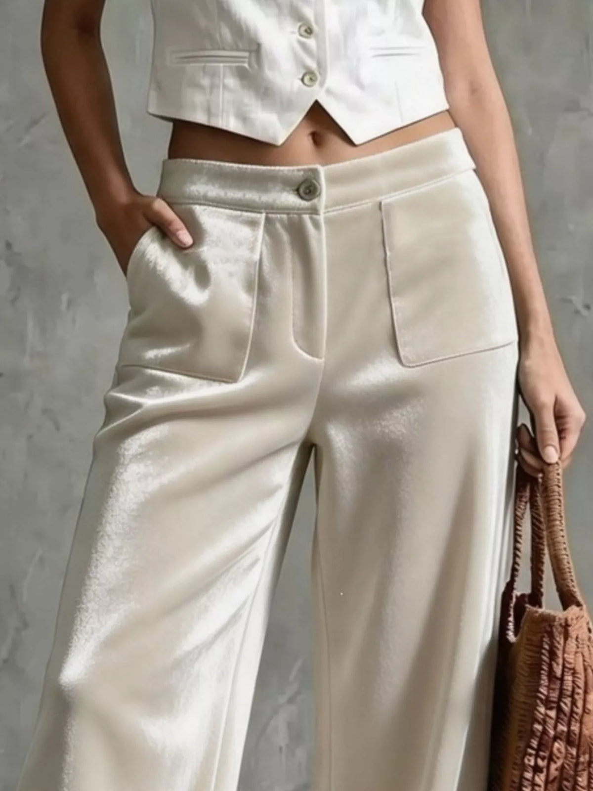 Full Size High-Waisted Wide-Leg Velvet Pants with Front Pockets Plus Size