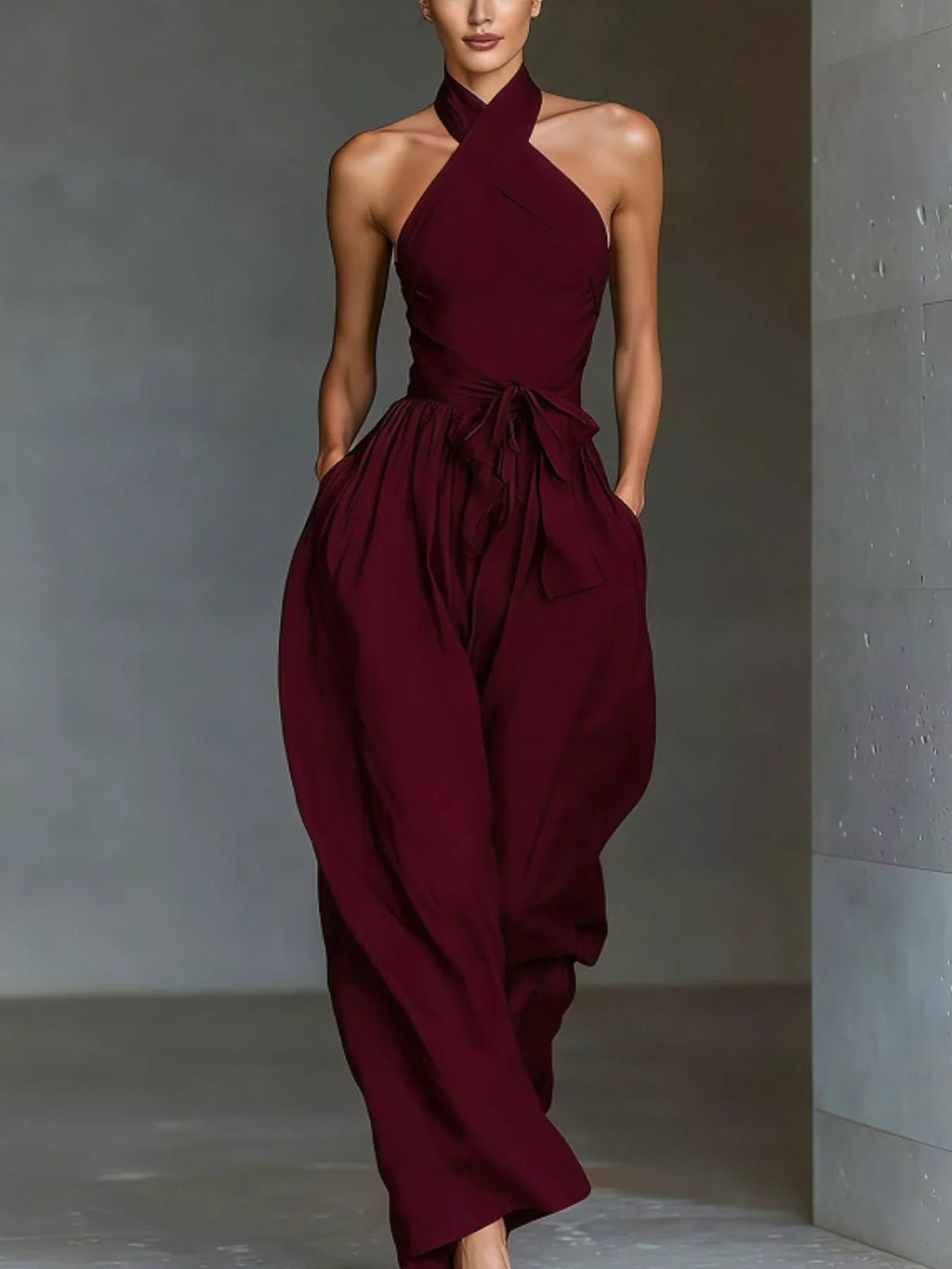 Halter Neck Wide-Leg Jumpsuit with Waist-Tie Detail