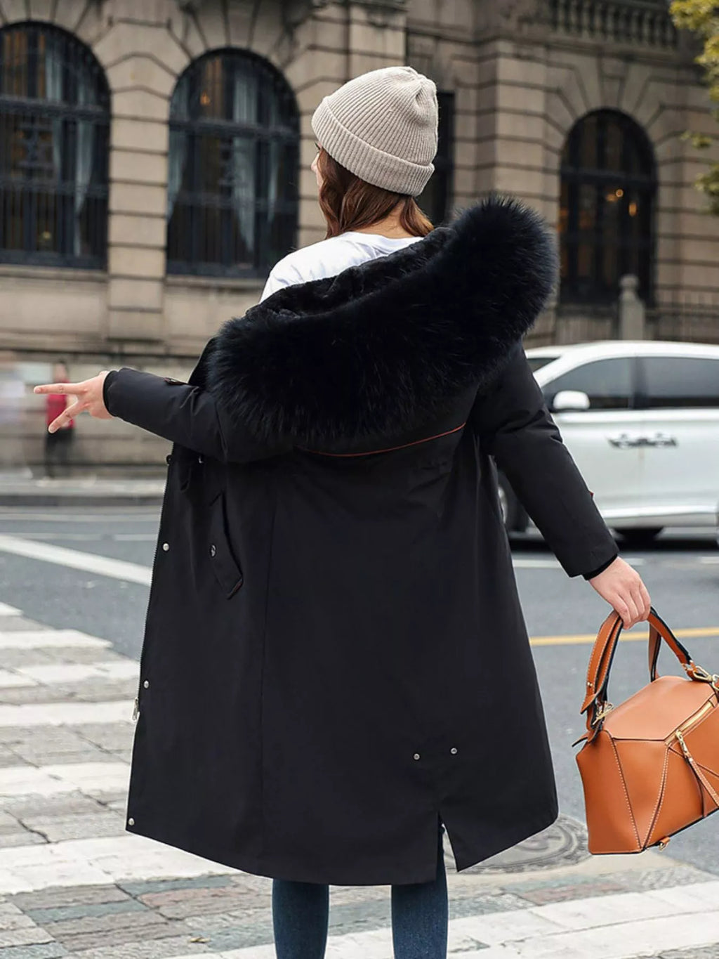 Detachable Longline Hooded Parka with Faux Fur Trim and Drawstring Waist