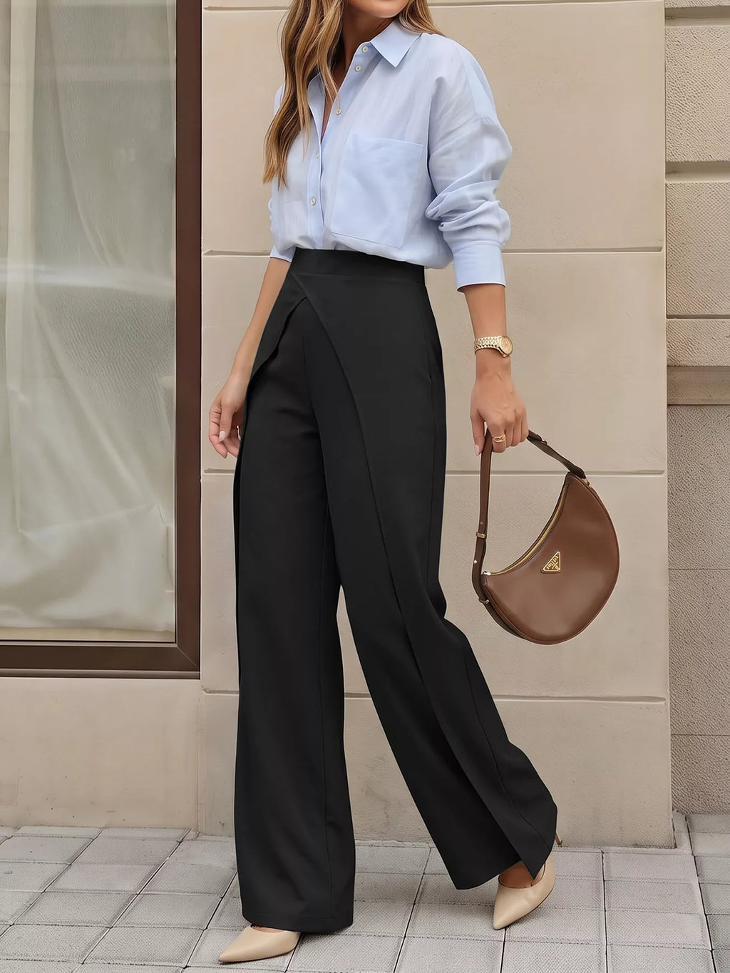 Wide-Leg Pants with Overlap Front Detail