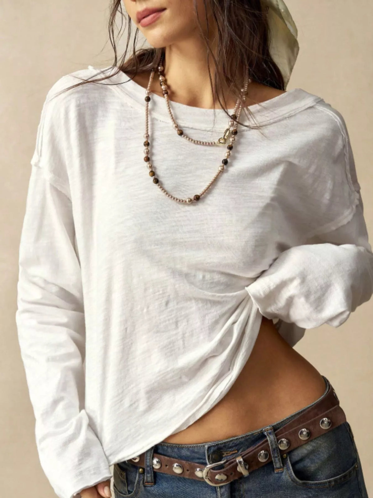 Exposed Seam Long Sleeve Shirt with Two Way to Wear