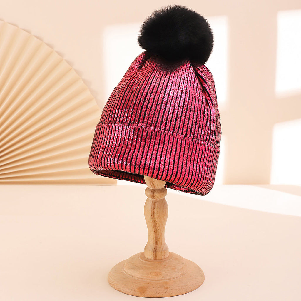 Colorful Stamped Gold Large Wooly Ball Knitted Hood For Autumn Winter With Vertical Stripes And Flared Edges  Warm And Stylish Knitted Hat