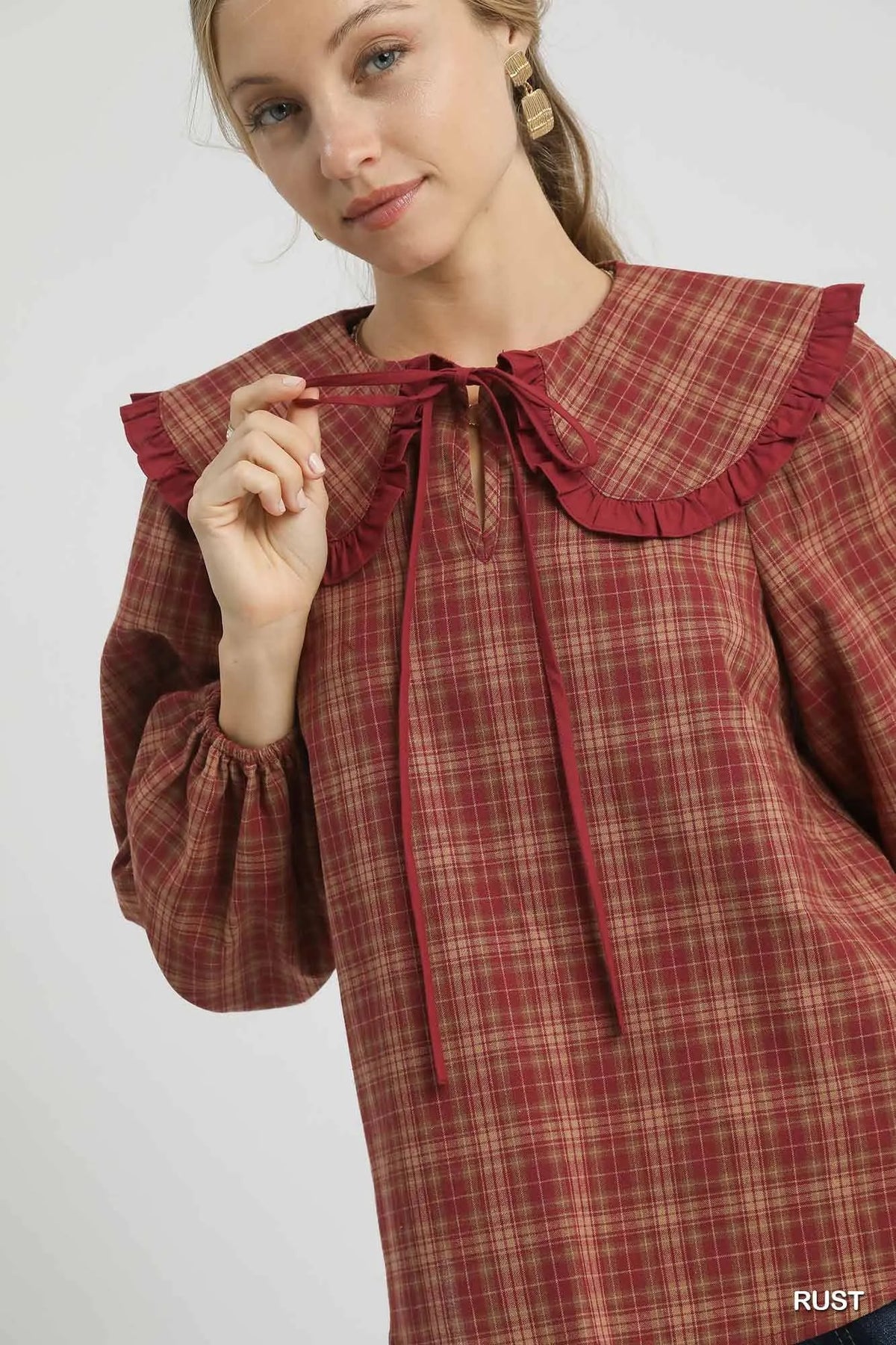 Plaid Ruffle Collar Blouse – Plus Size