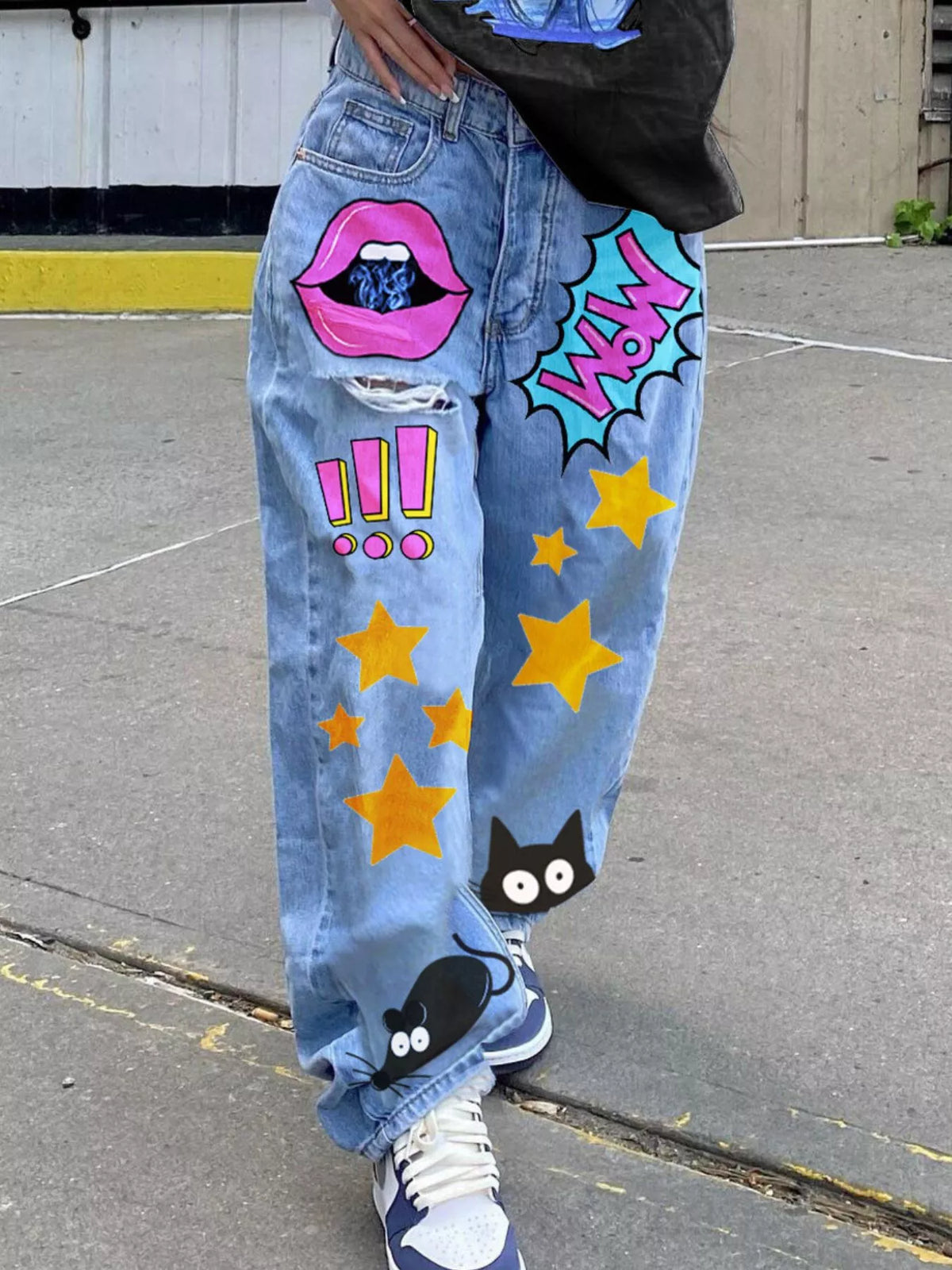 Full Size Pop Art Print Loose Fit Jeans Plus Size