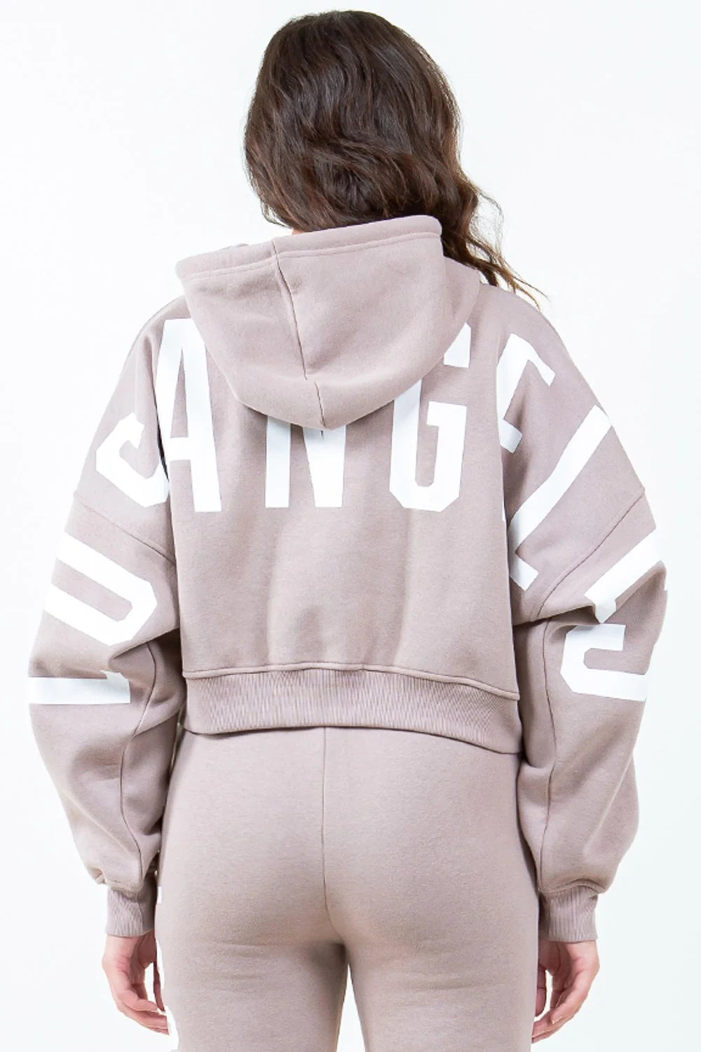 Letter Graphic Cropped Hoodie with Drawstring and Drop Shoulders