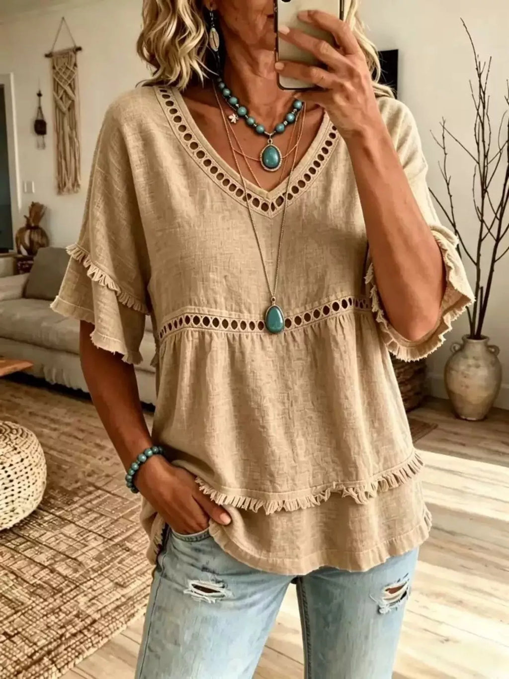 Eyelet V-Neck Frayed Edge T-Shirt