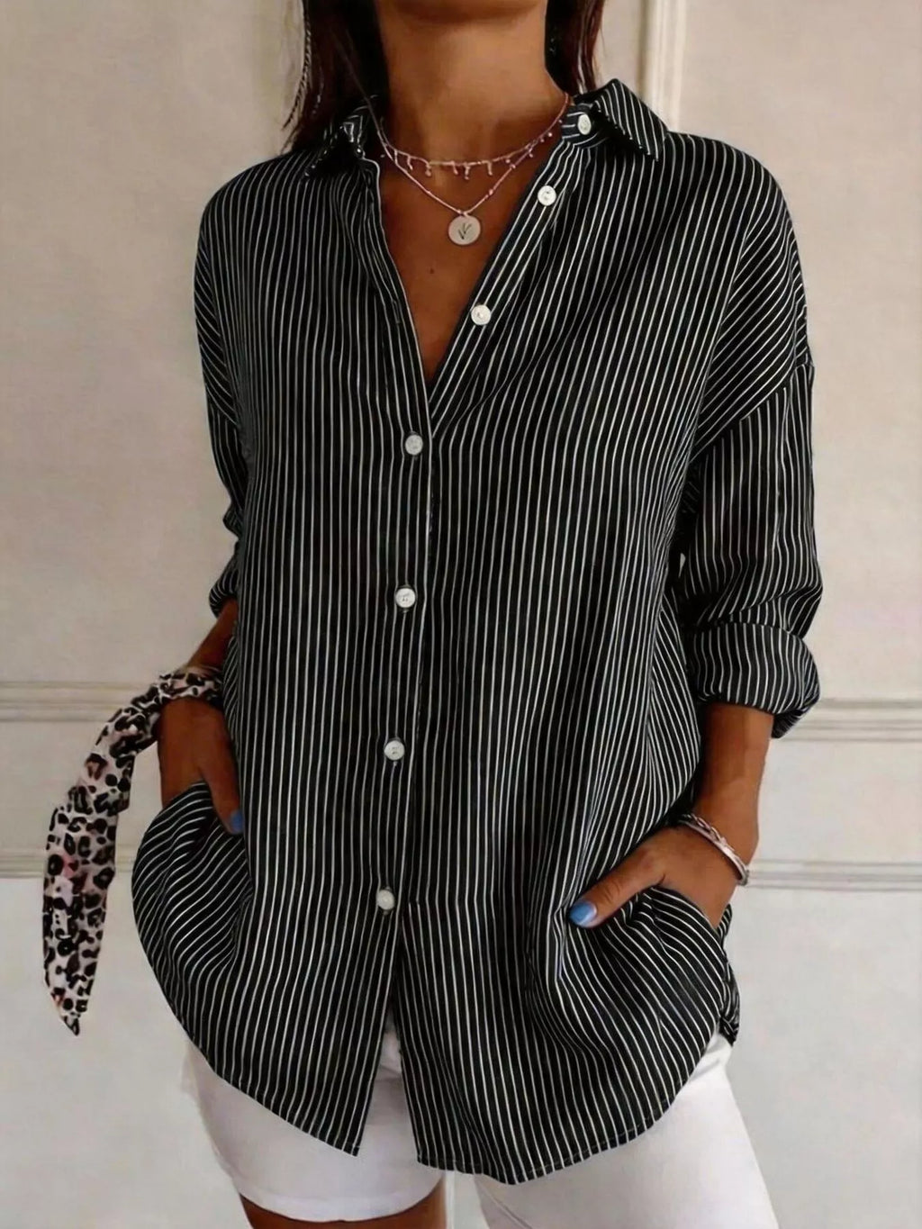 Full Size Striped Button-Down Long Sleeve Shirt Plus Size