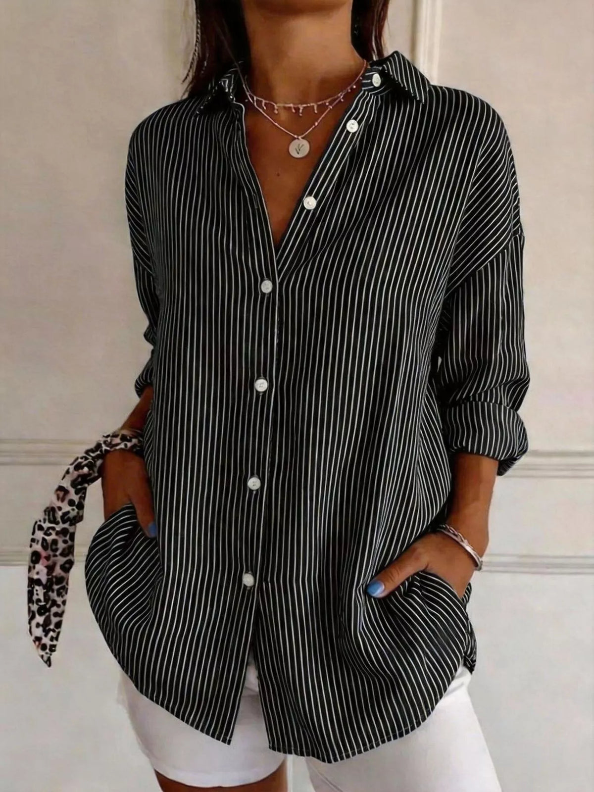 Full Size Striped Button-Down Long Sleeve Shirt Plus Size