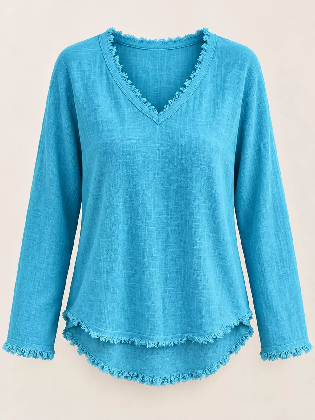 Full Size Frayed Hem V-Neck Long Sleeve Blouse Plus Size