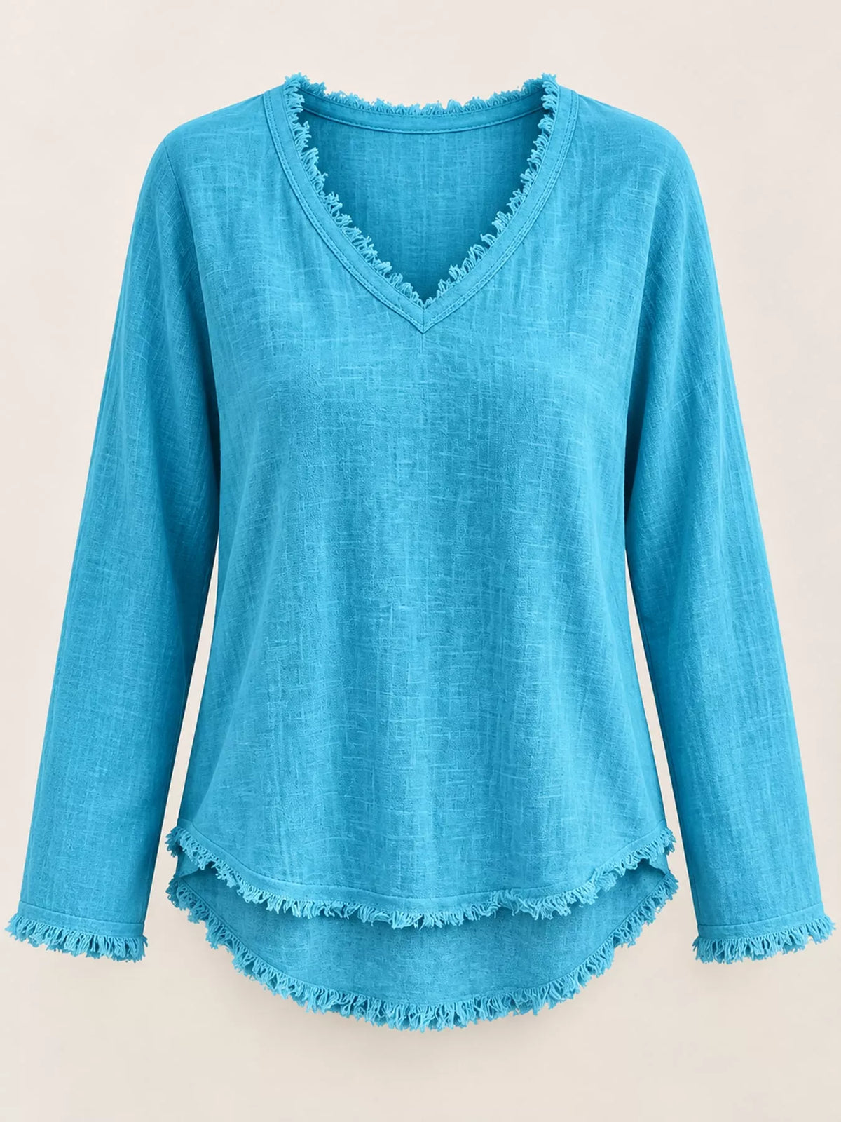 Full Size Frayed Hem V-Neck Long Sleeve Blouse Plus Size