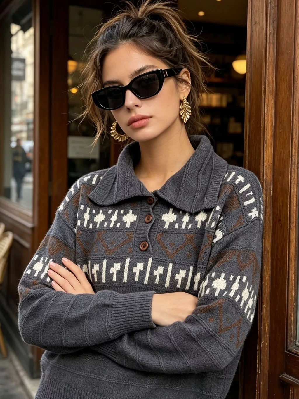 Vintage-Inspired Fair Isle Patterned Polo Sweater