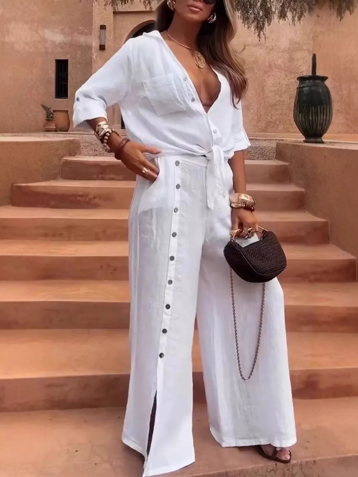 Full Size Tie-Front Shirt and Button-Down Wide-Leg Pants Set Plus Size