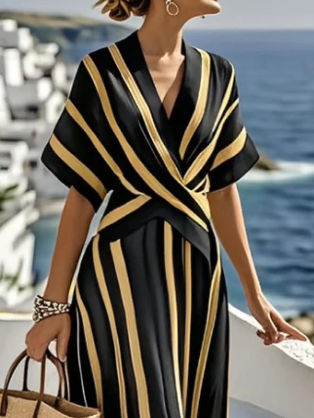 Full Size Striped Surplice Half Sleeve Midi Dress Plus Size