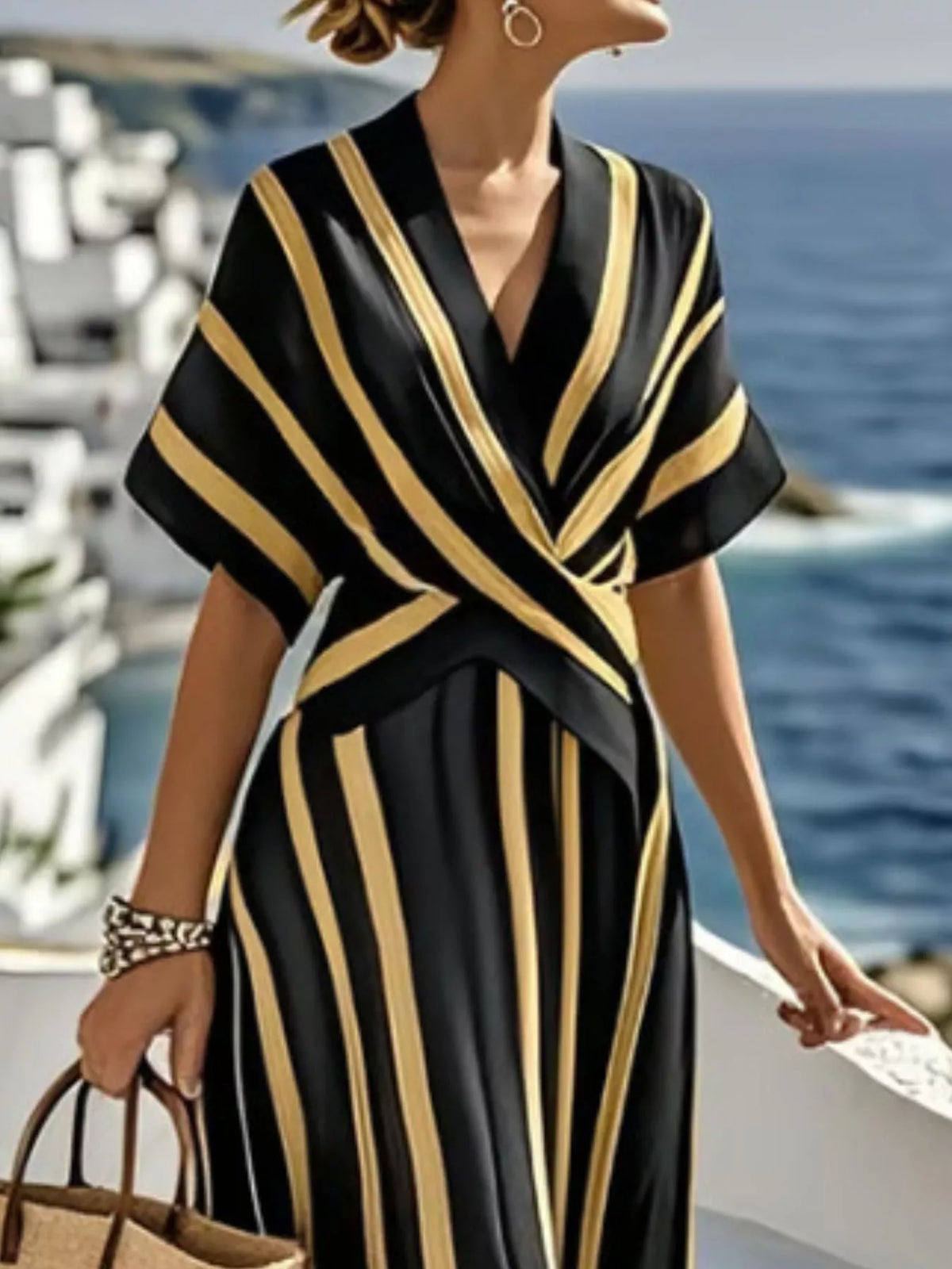 Full Size Striped Surplice Half Sleeve Midi Dress Plus Size