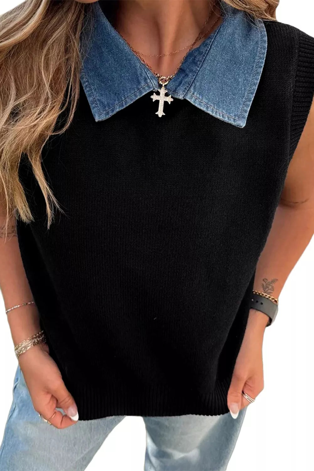 Contrast Denim Collar Sweater Vest