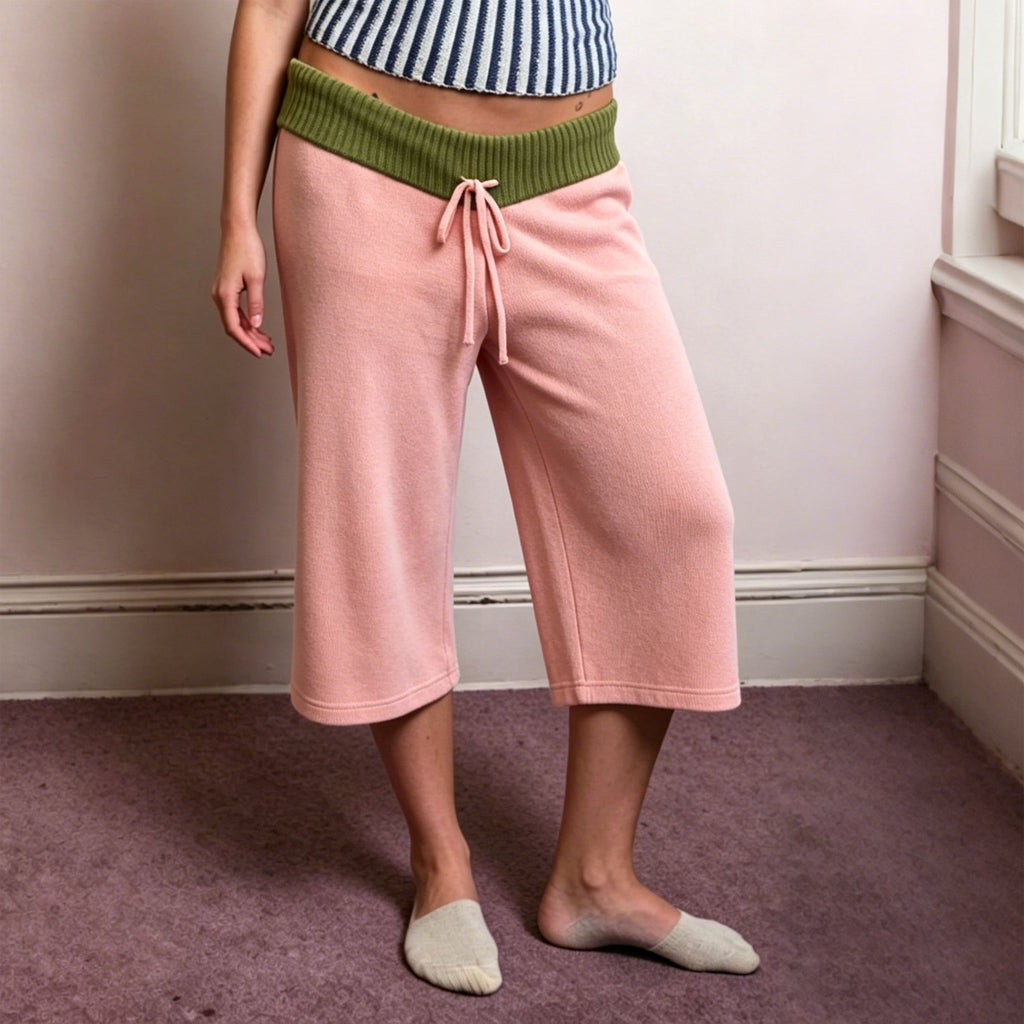 New Womens Summer Casual Pants With A Color-block Ribbed Waistband