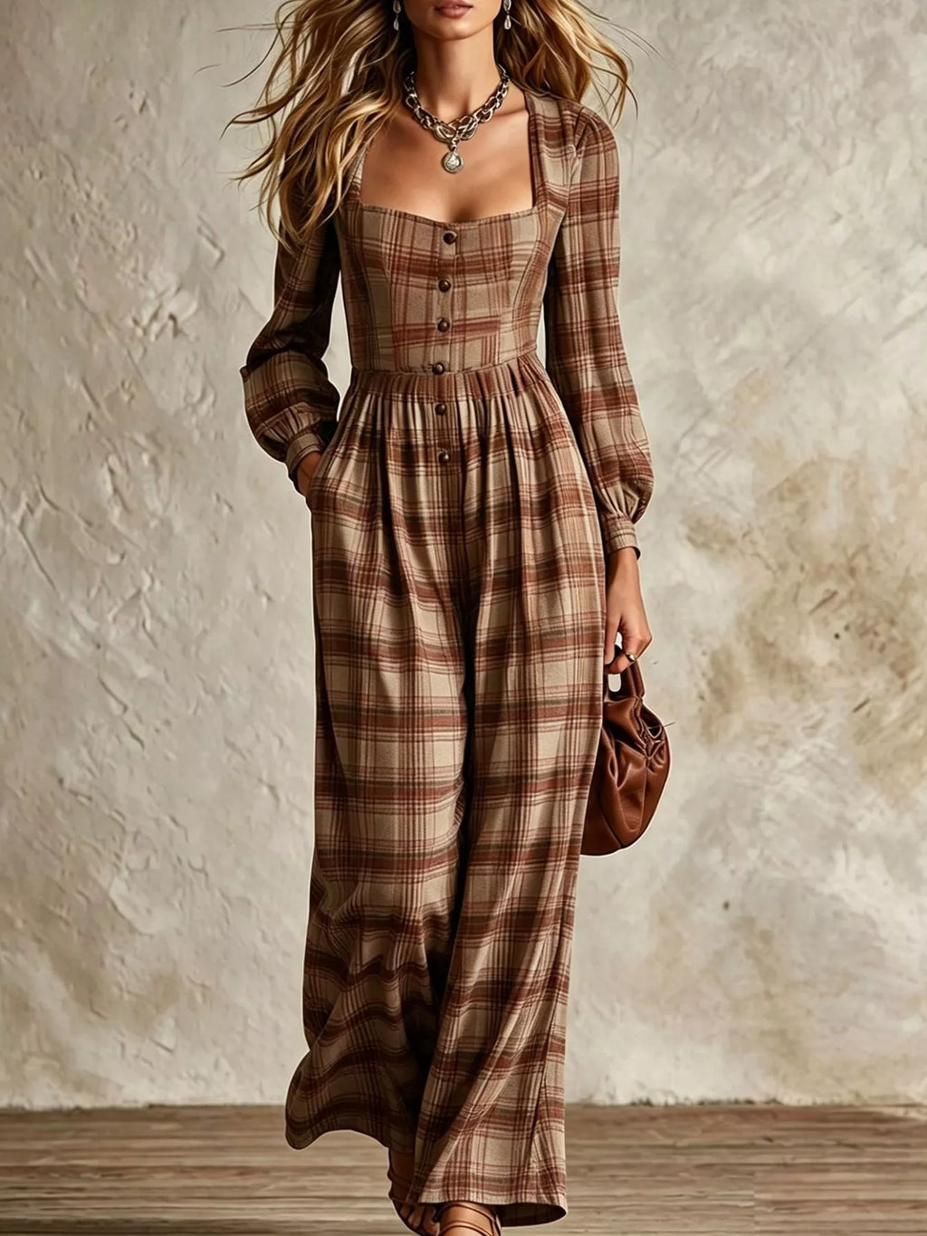 Plaid Square Neck Long Sleeve Wide-Leg Jumpsuit