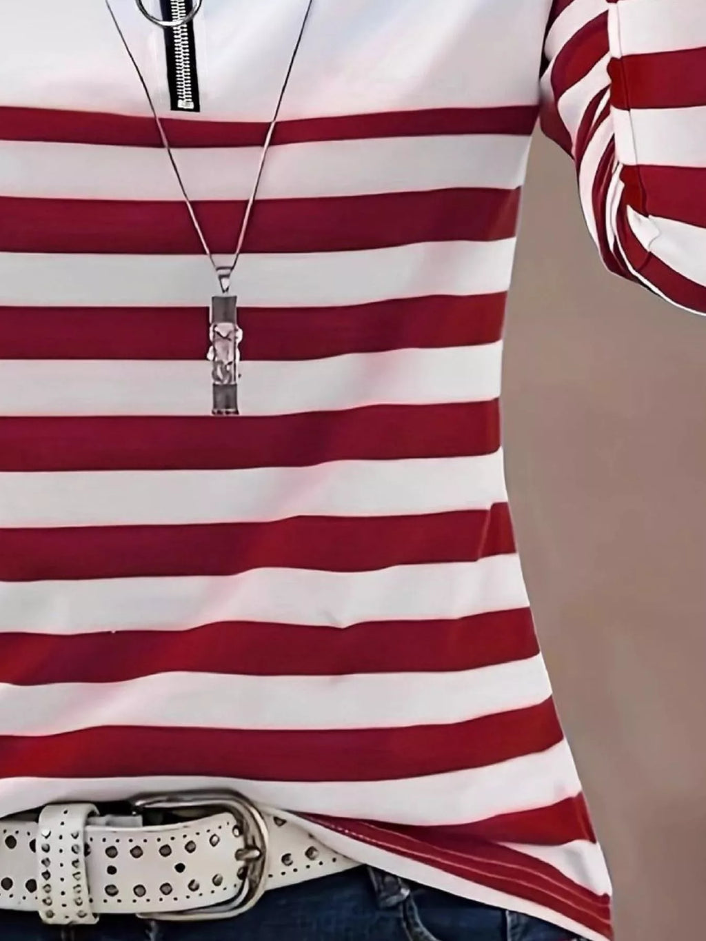 Quarter-Zip Striped Long Sleeve T-Shirt