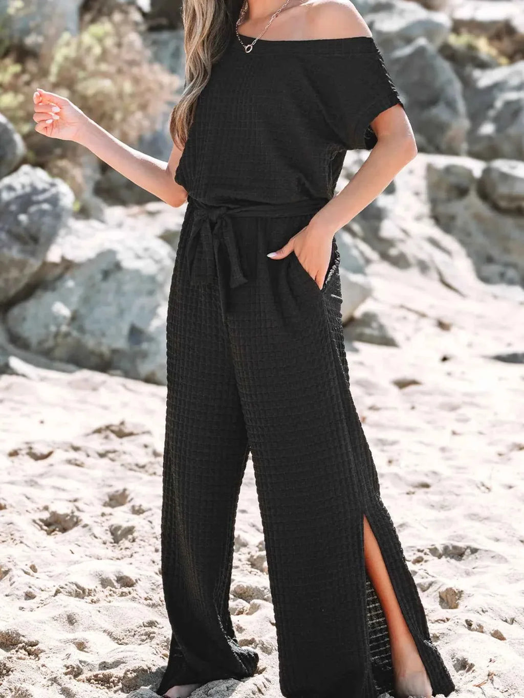 One-Shoulder Short Sleeve Knotted Waist Jumpsuit