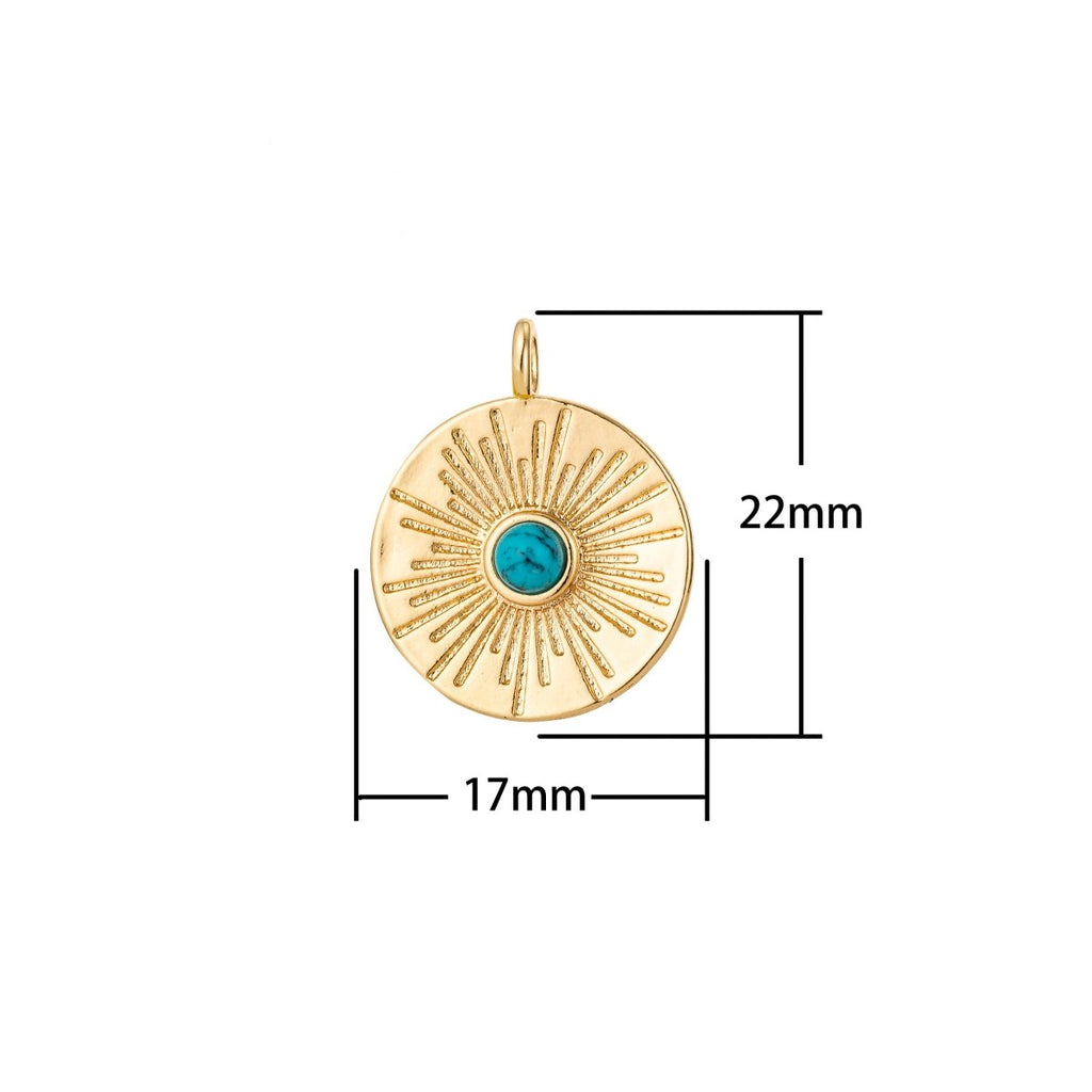 Dainty 18K Gold Filled / White Gold Sun Sunburst Coin Charm Turquoise / White Howlite Charm for Earring Necklace Jewelry Making Supplies D-778
