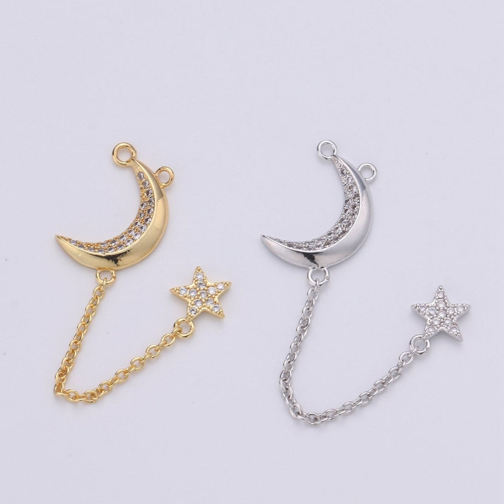 Dainty Gold Crescent Moon Charm Gold star Pendant for Lariat necklace Jewelry Making Supply Micro Pave Celestial Jewelry K-407 K-408