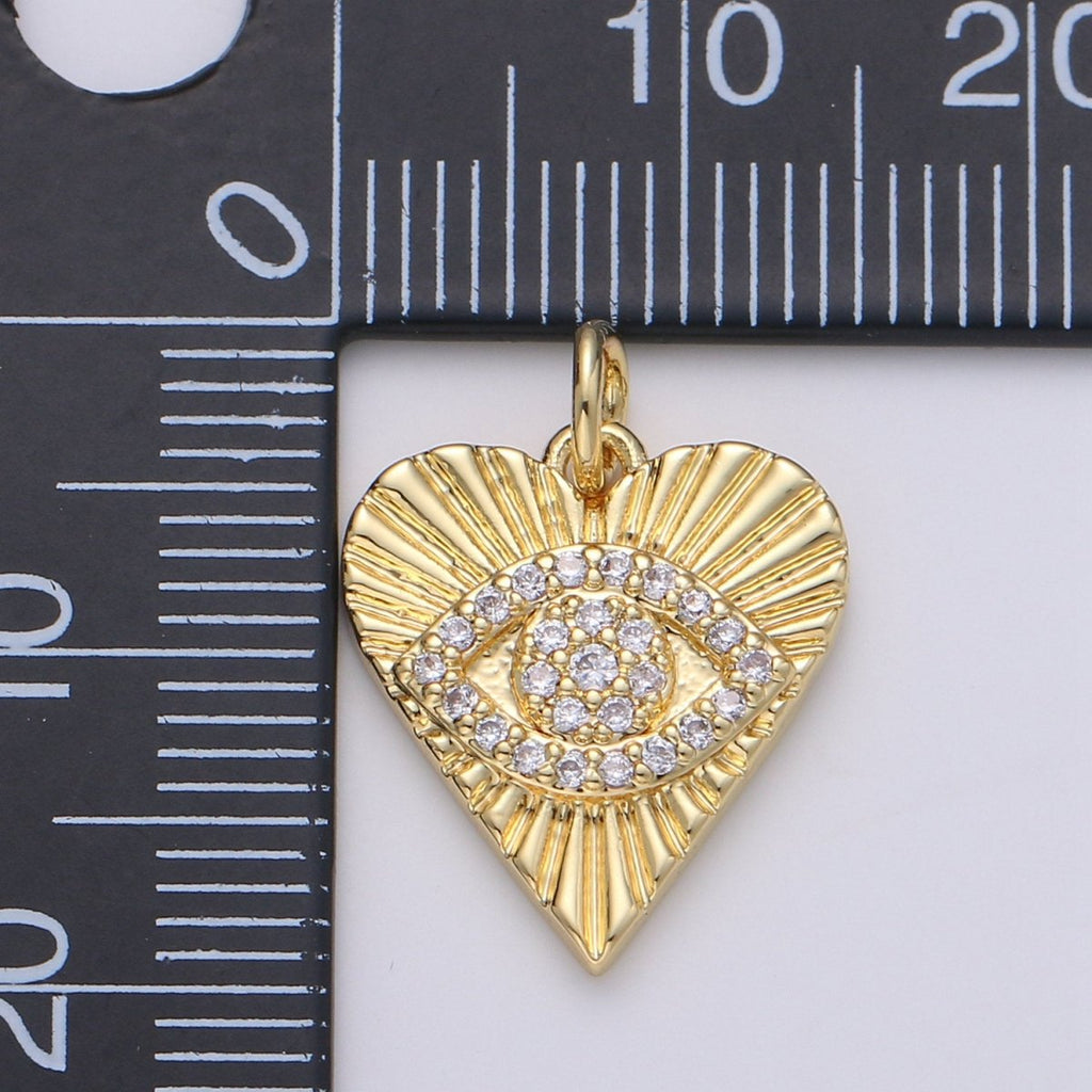 Dainty Gold Eye Charm 14k Gold Filled Silver Evil Eye Charm, Cubic Zirconia Love Charm, Medallion Heart Jewelry, Micro Pave Sun Burst Charm D-674 D-675