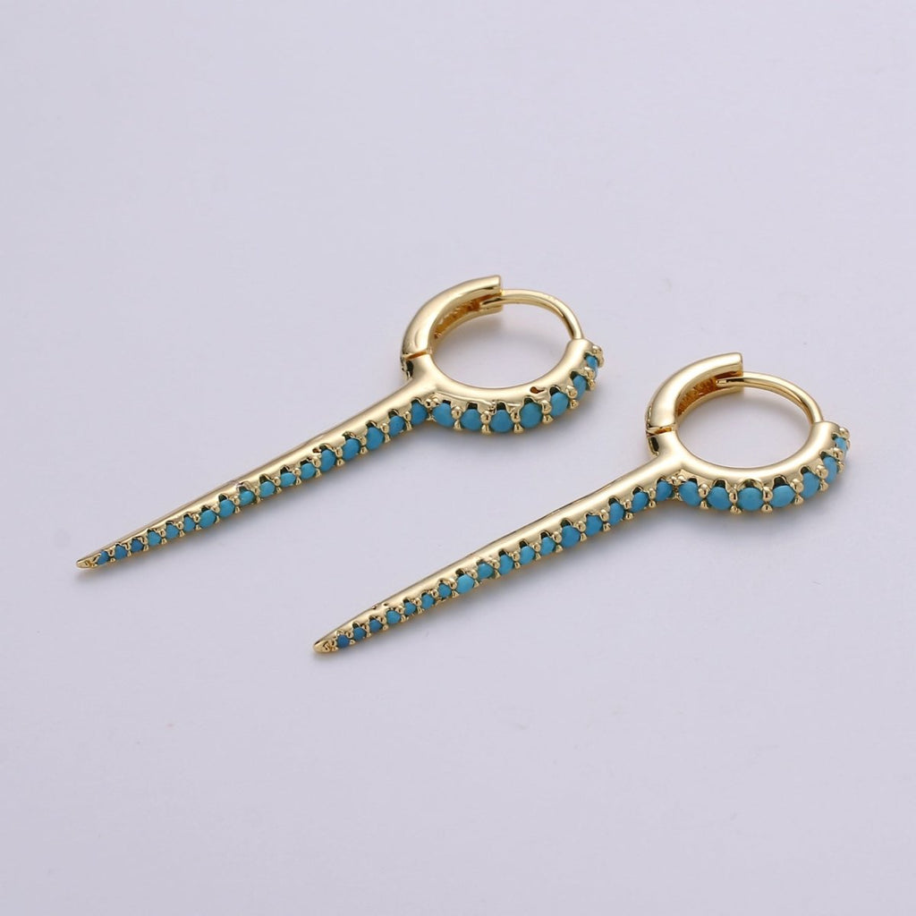 Dainty Huggie earrings, spike earrings, Multi Color hoop earrings, Long Gold Micro Pave Spike Earring Minimal Jewelry Q-165 - Q-171
