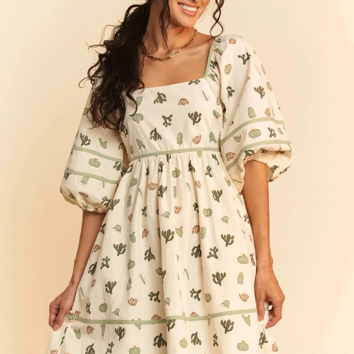 Cactus Print Mini Dress with Puff Sleeves and Contrast Piping