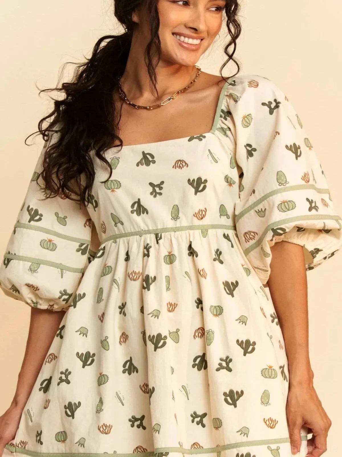 Cactus Print Mini Dress with Puff Sleeves and Contrast Piping