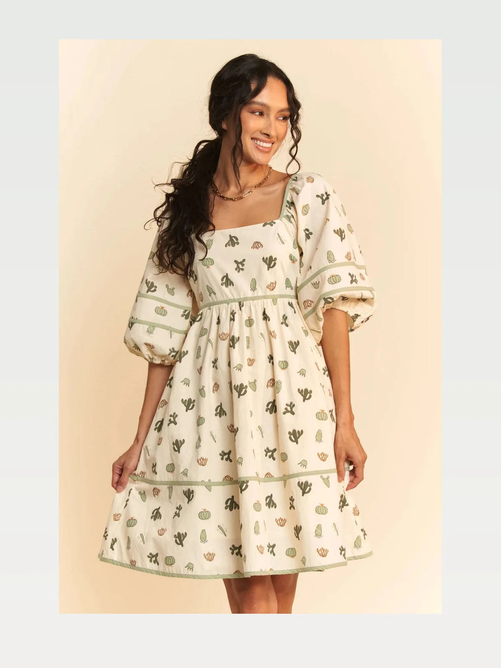 Cactus Print Mini Dress with Puff Sleeves and Contrast Piping