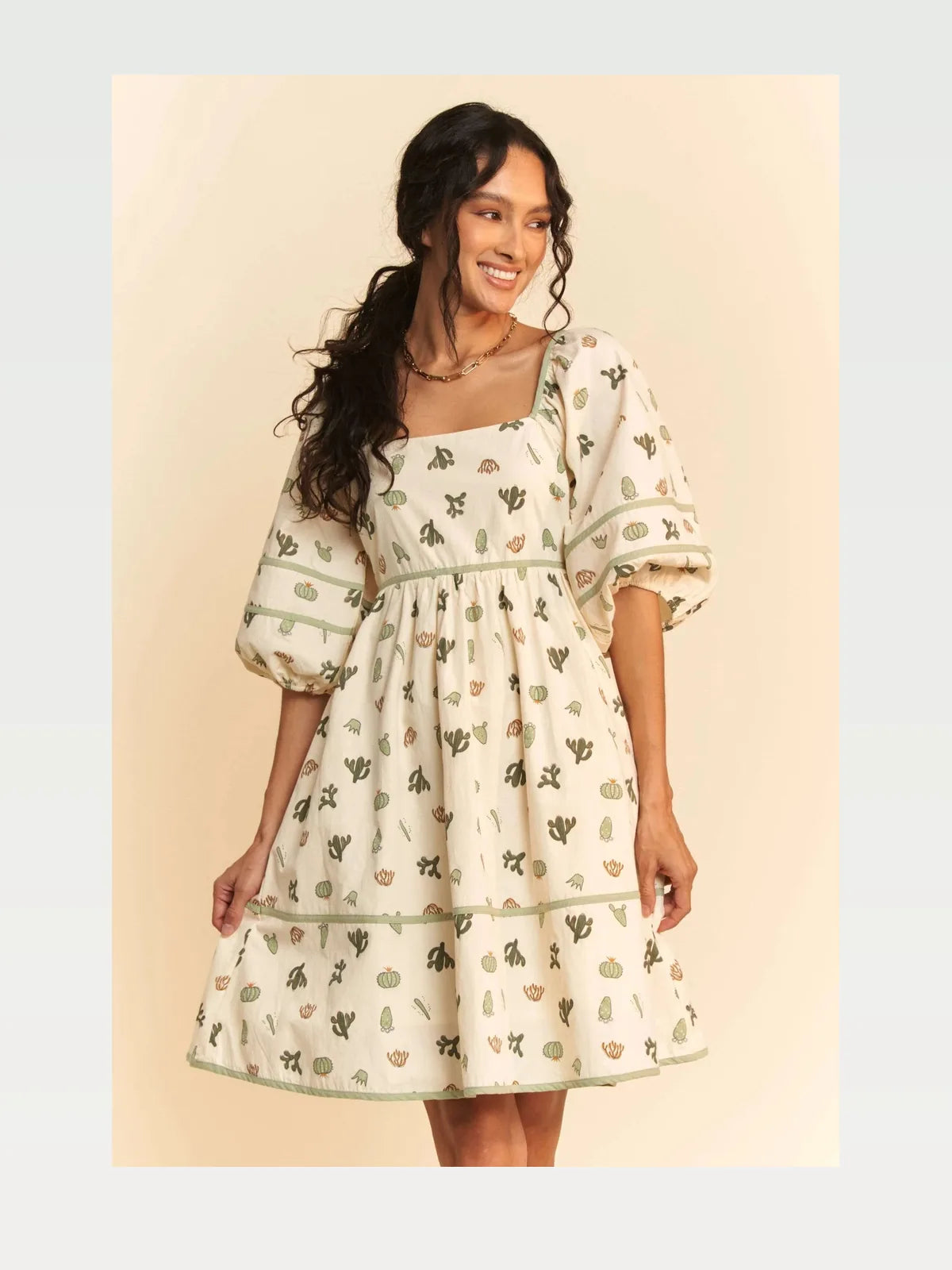 Cactus Print Mini Dress with Puff Sleeves and Contrast Piping