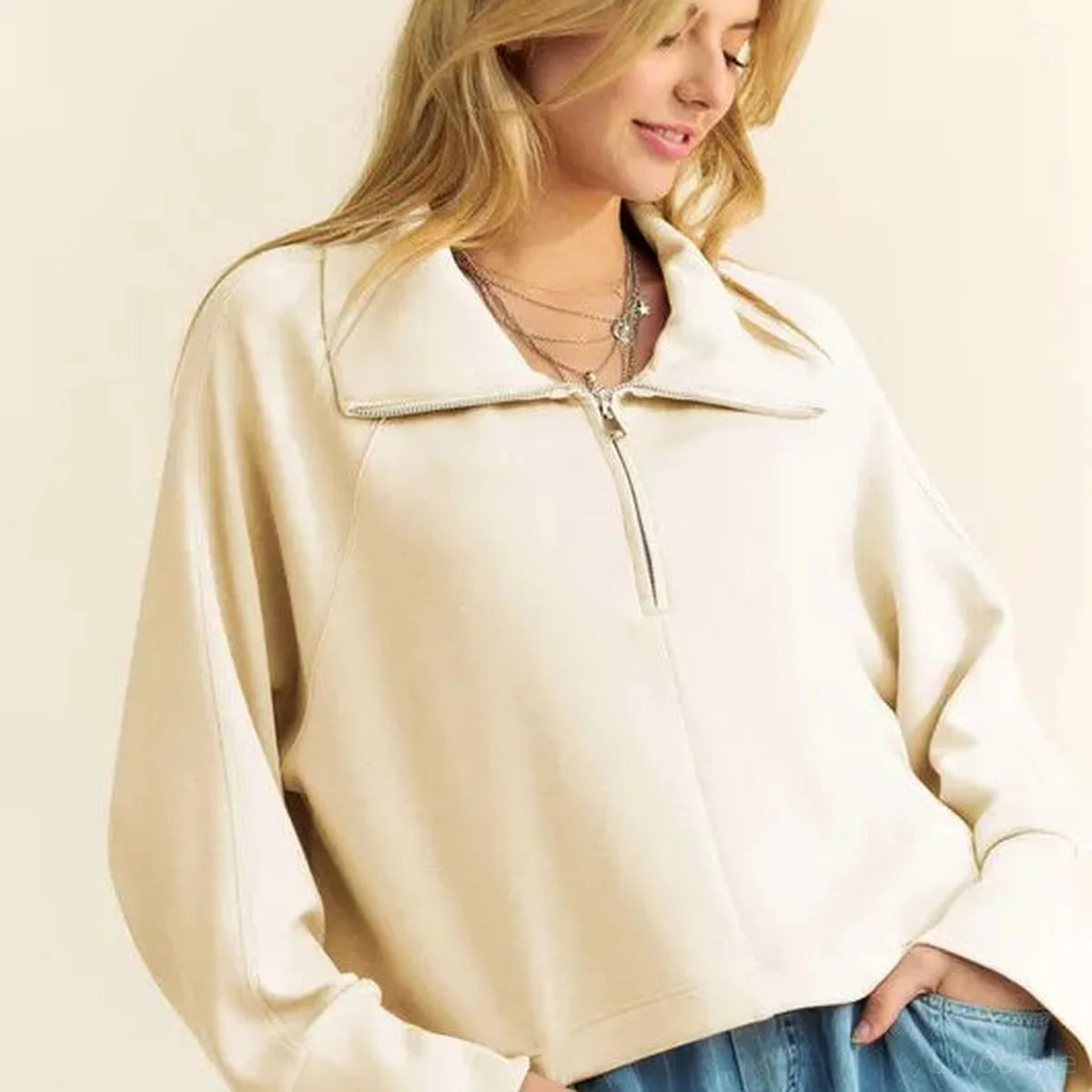 Half-Zip Raglan Sweatshirt with Adjustable Drawstring Hem