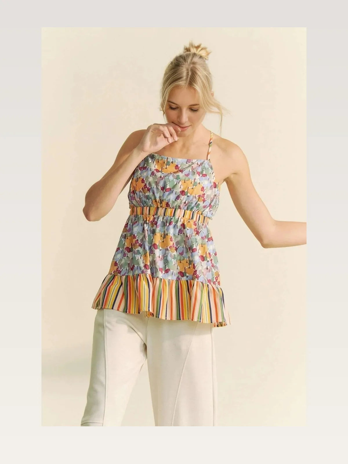Floral Sleeveless Smocked Top with Ruffle Trim and Back Tie