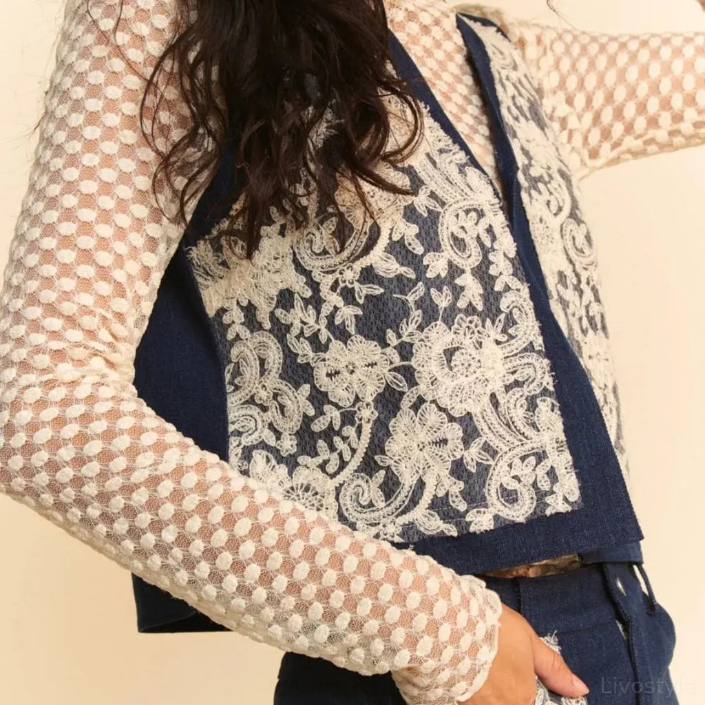 Lace Patch Open Front Denim Vest